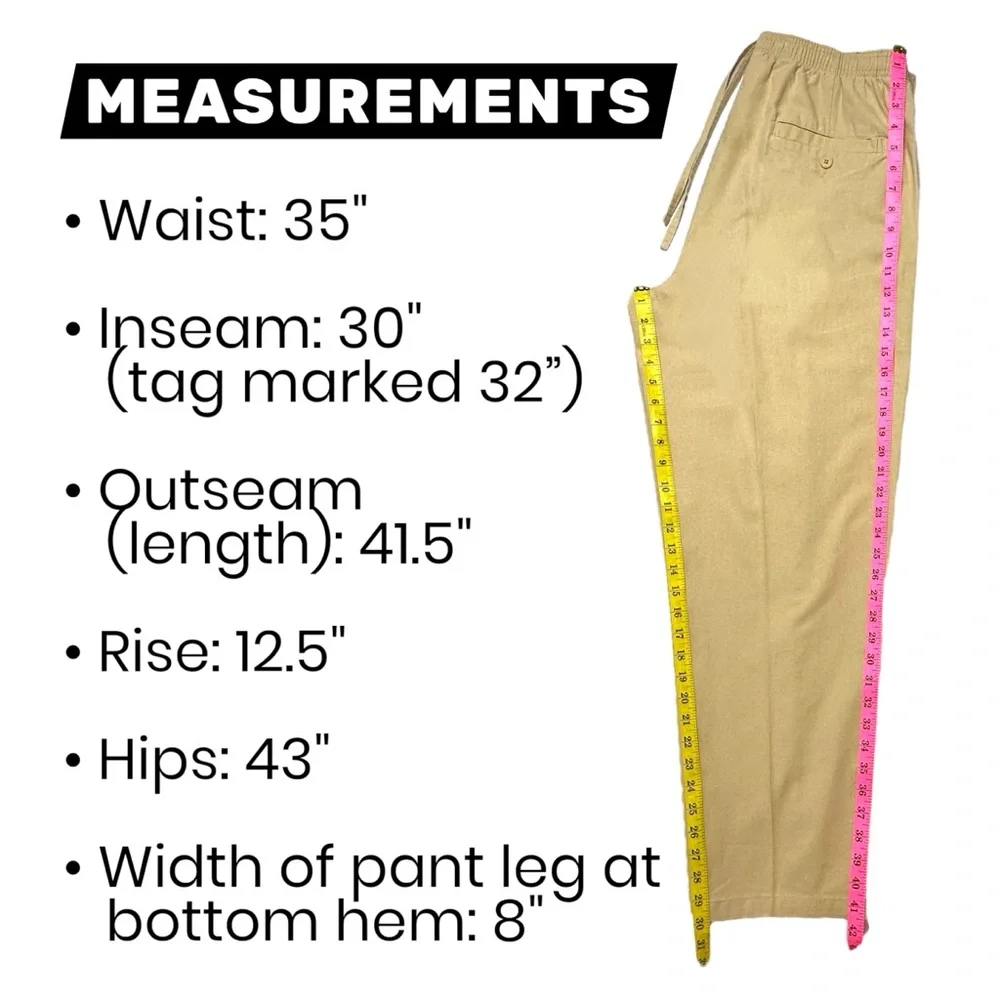 Mens Linen Cotton Pants Tan Sz M 35”W x 30”L Elastic Drawstring Waist Orton Bros